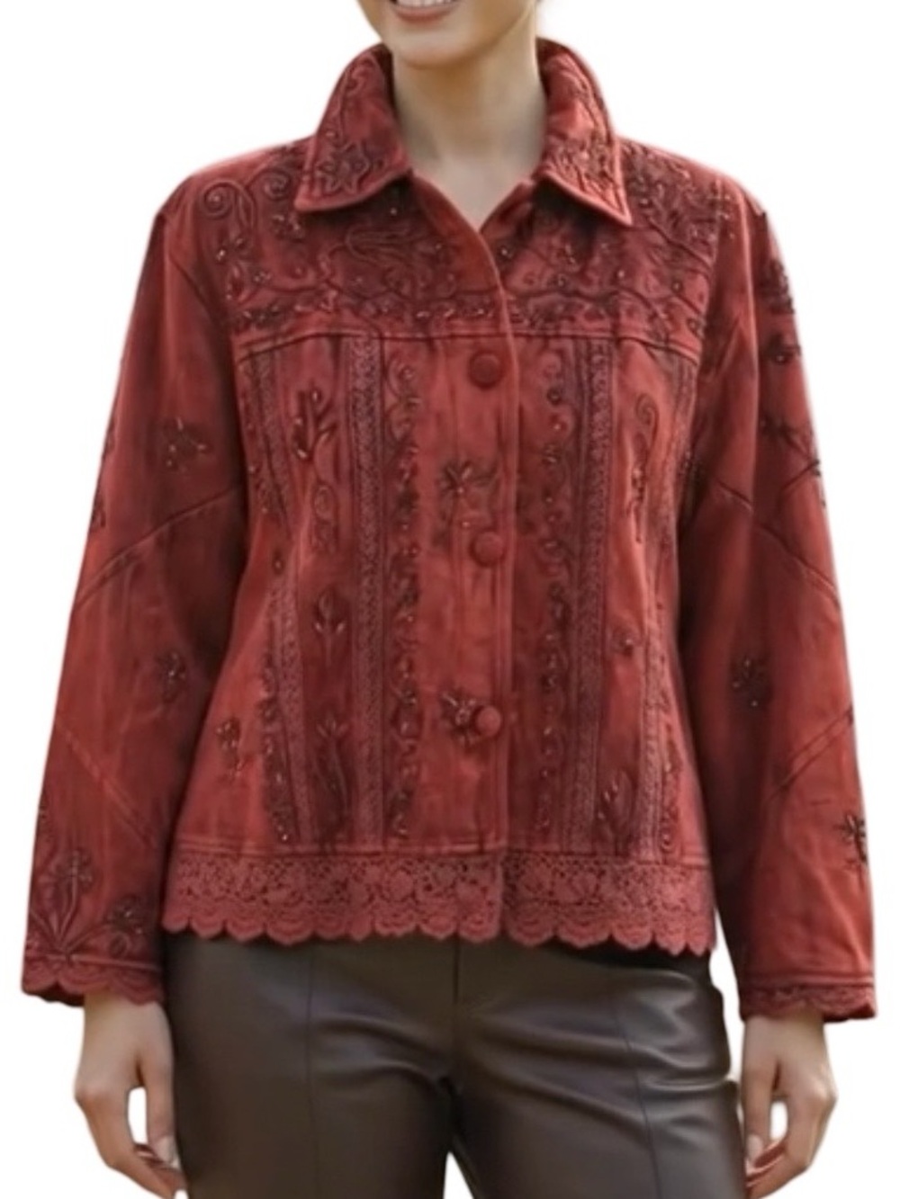 Artisan Statement Jacket Art2Wear Beaded Bling Blazer Crochet Trim Red Black 1X